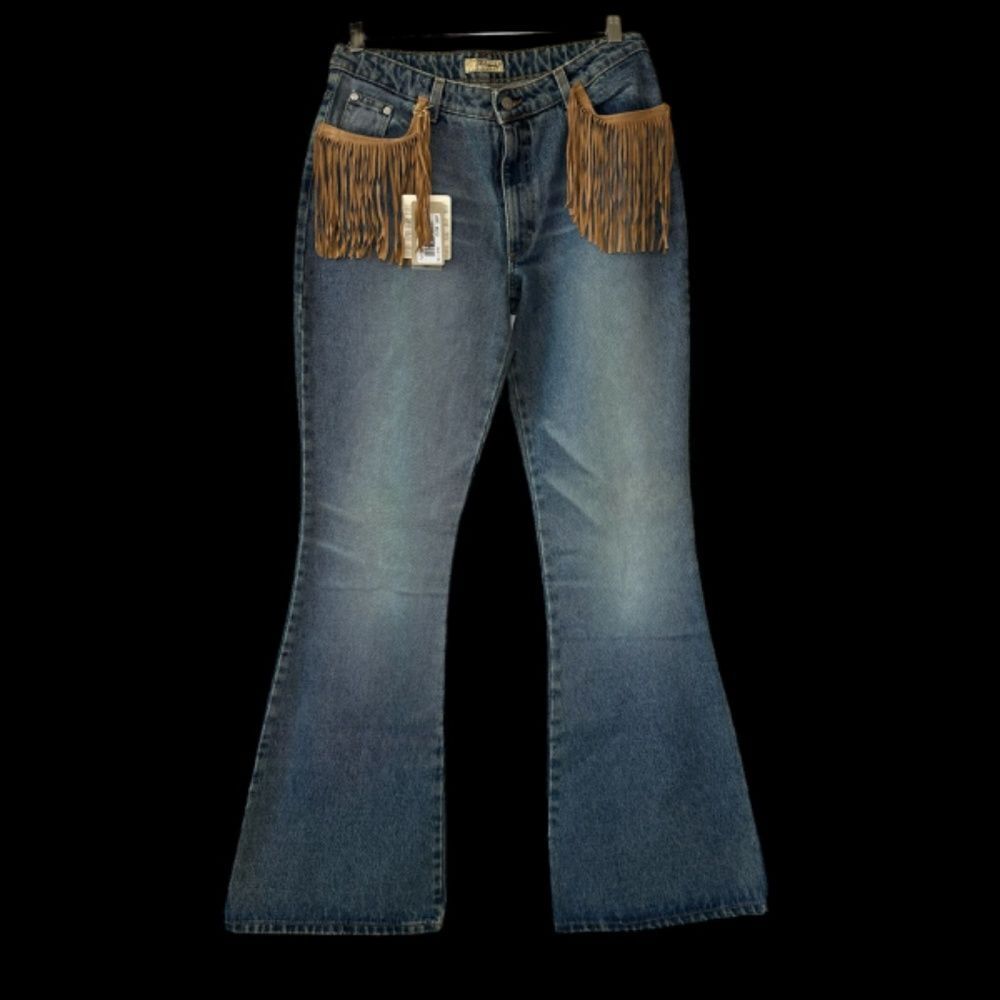 Blumarine Bell Bottom High Rise Suede Fringe Pocket Trim Boho Jeans NWT‎ …